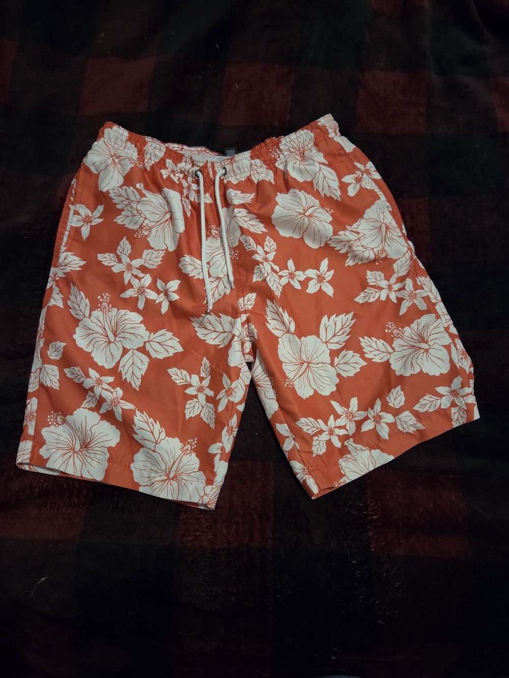 Forever 21 Men's Orange Swim Board Shorts with White Floral Print
